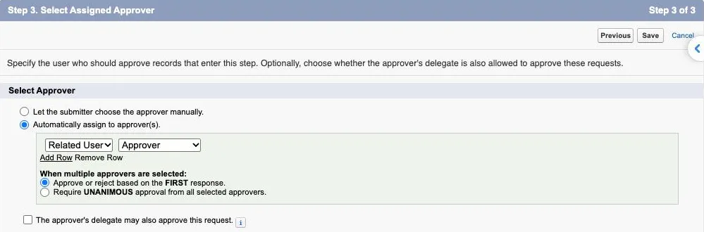 Step 3 of the new approval step, with Automatically assign to approver(s) selected and the row set to Related User and Approver