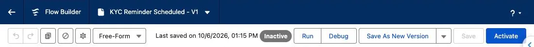 The Flow Builder toolbar for KYC Reminder Scheduled, showing the Inactive badge and the Activate button at the right