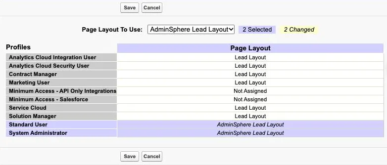 The Edit Page Layout Assignment table for Lead: Standard User and System Administrator selected, AdminSphere Lead Layout chosen in Page Layout To Use, and both rows showing the new layout in italics with the counter at 2 Changed