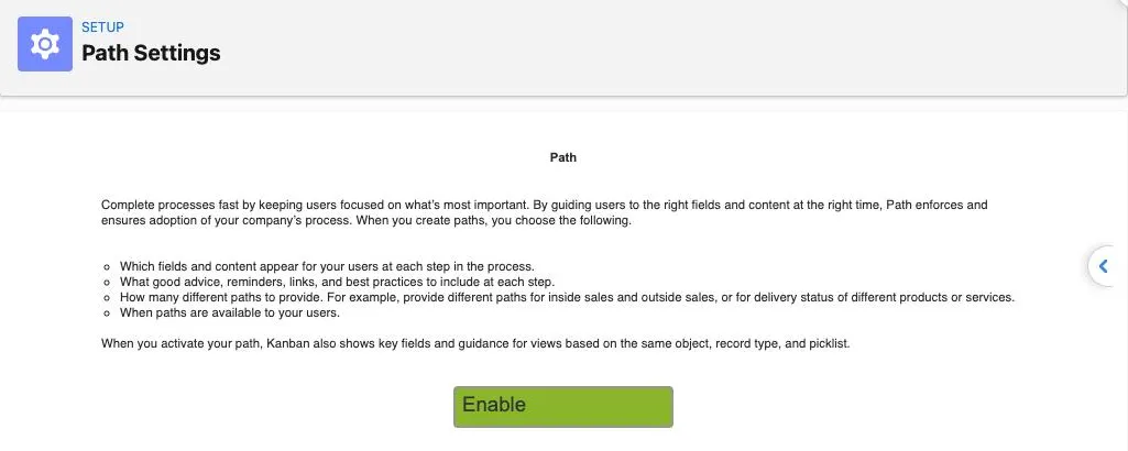 The Path Settings page with its description of Path and the green Enable button