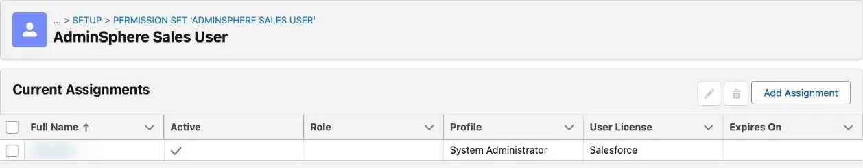 The AdminSphere Sales User permission set’s Current Assignments list, with the Add Assignment button at the top right